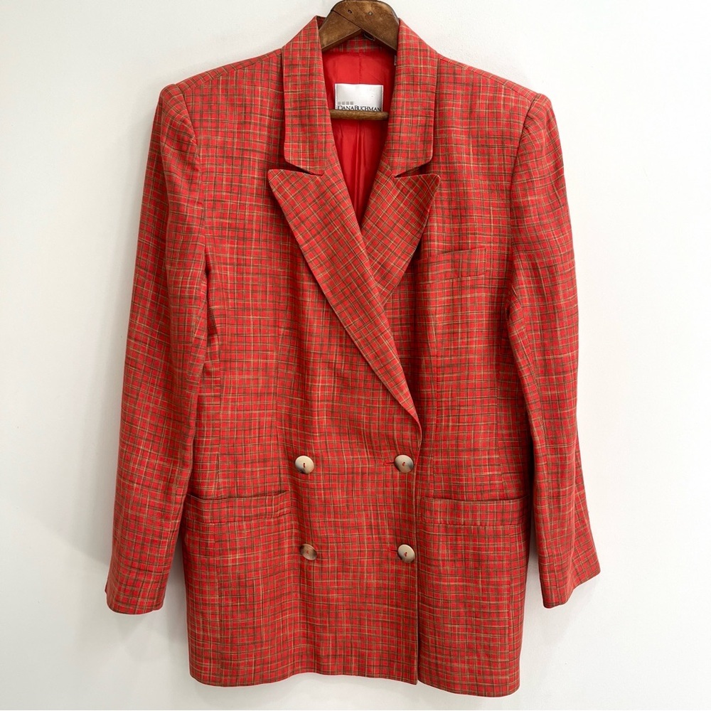 Vintage Dana Buchman Orange/Red Plaid Double Breasted Blazer 100% Linen